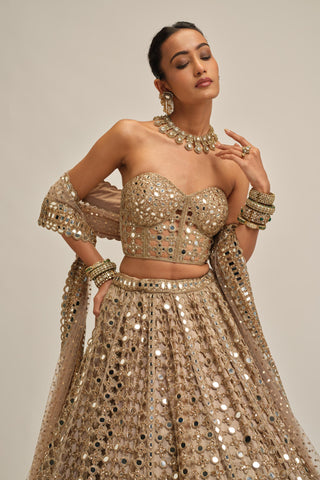mirror lehenga set - Indian Wedding - Beige Modern Maharani Diamond Cutwork by Vvani by Vani Vats
