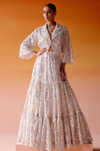 Aaina Lehenga Set for Indian Wedding – White Mirrorwork Tiered Style by Twenty Nine