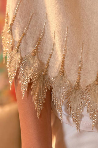 Stole Indian Wedding Wear - Beige Leafy Sparkle Wool Silk by Mauli