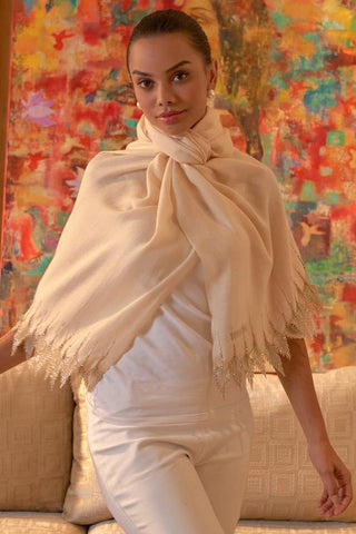 Stole Indian Wedding Wear - Beige Leafy Sparkle Wool Silk by Mauli