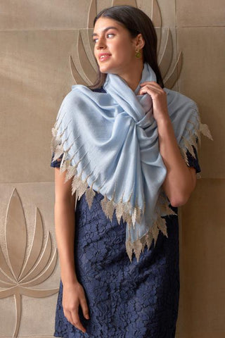 Stole Indian Wedding - Blue Leafy Sparkle Royal Fine Merino Wool by Mauli