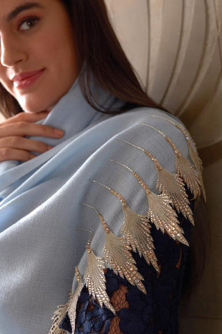Stole Indian Wedding - Blue Leafy Sparkle Royal Fine Merino Wool by Mauli