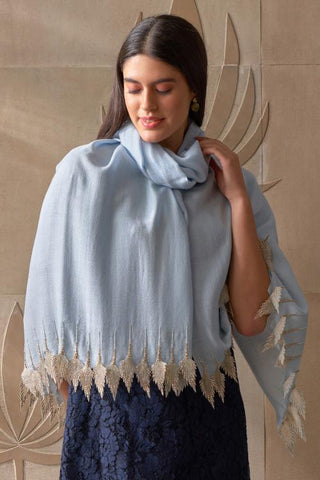 Stole Indian Wedding - Blue Leafy Sparkle Royal Fine Merino Wool by Mauli