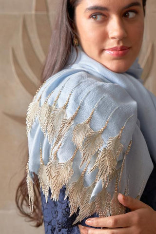 Stole Indian Wedding - Blue Leafy Sparkle Royal Fine Merino Wool by Mauli
