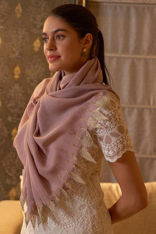 Stole Indian Wedding - Pink Leafy Sparkle Wool Silk by Mauli