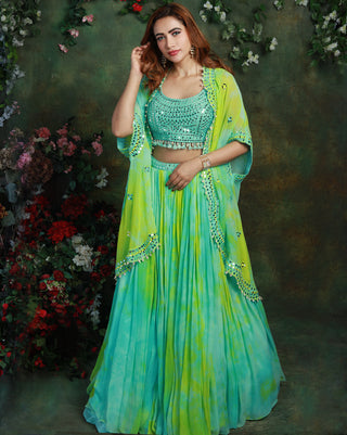 Tropical blue green printed jacket and lehenga set