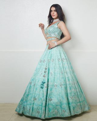Blue mirror lehenga set