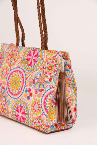Multicolor lily embroidered terra tote bag