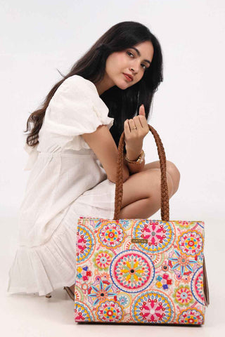 Multicolor lily embroidered terra tote bag