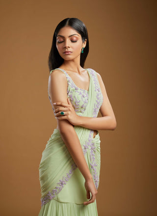 Cetra light green pre-draped saree and blouse