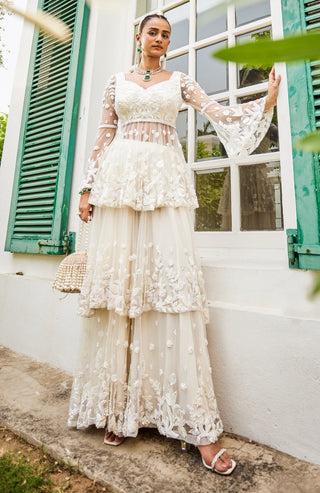 Marlne pearled ivory peplum & sharara set L / ivory / women Marlne pearled ivory peplum & sharara set L / ivory / women