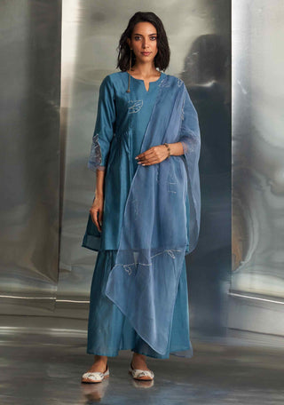 Steel blue chanderi straight kurta sharara set