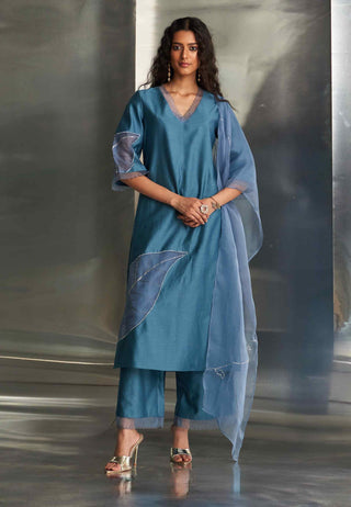 Steel blue chanderi straight kurta set