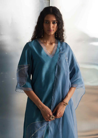 Steel blue chanderi straight kurta set