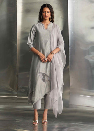 Steel gray chanderi asymmetrical kurta set