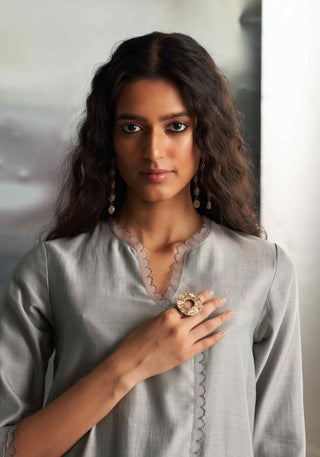 Steel gray chanderi asymmetrical kurta set