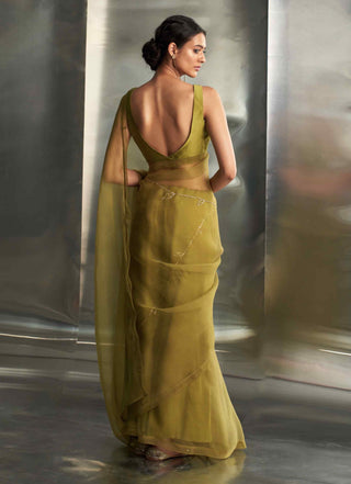 Berry green saree with sleeveless blouse