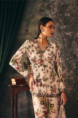 Printed Jacket set Contemporary Wear – Ivory Arabella Pants by Mani Bhatia