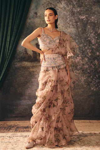 Printed Saree Set Indian Wedding – Pink Lumi Saree by Mani Bhatia
