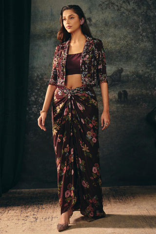 Draped Skirt Set Contemporary Wear – Maroon Ophelia Skirt by Mani Bhatia