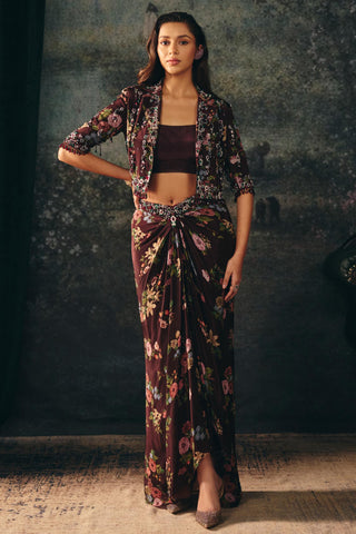 Draped Skirt Set Contemporary Wear – Maroon Ophelia Skirt by Mani Bhatia
