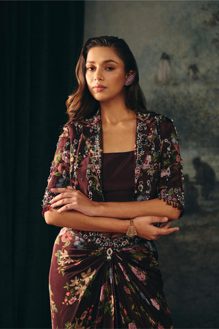 Draped Skirt Set Contemporary Wear – Maroon Ophelia Skirt by Mani Bhatia