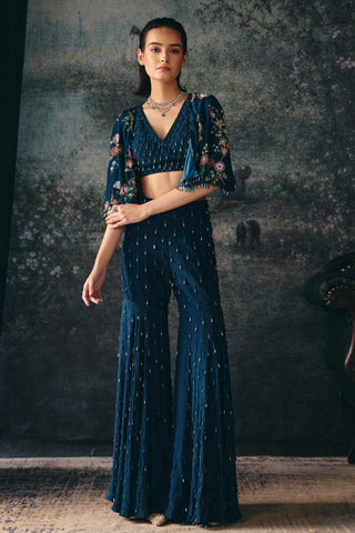 Printed Cape Set Contemporary Wear – Blue Elysia Cape by Mani Bhatia