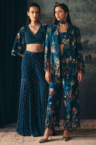 Printed Cape Set Contemporary Wear – Blue Elysia Cape by Mani Bhatia