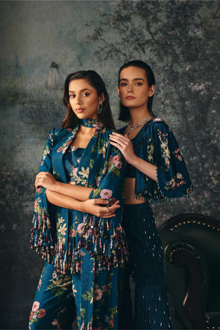 Printed Cape Set Contemporary Wear – Blue Elysia Cape by Mani Bhatia