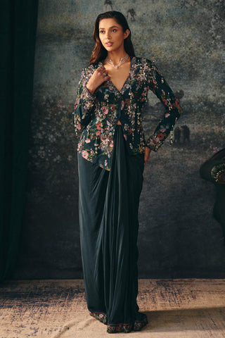 Draped Skirt Set Contemporary Wear Green Veloria Skirt by Mani Bhatia