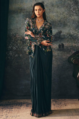 Draped Skirt Set Contemporary Wear Green Veloria Skirt by Mani Bhatia