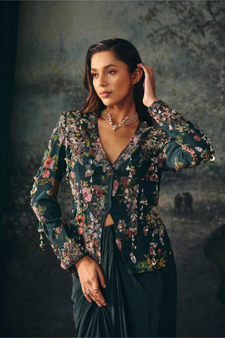 Draped Skirt Set Contemporary Wear Green Veloria Skirt by Mani Bhatia