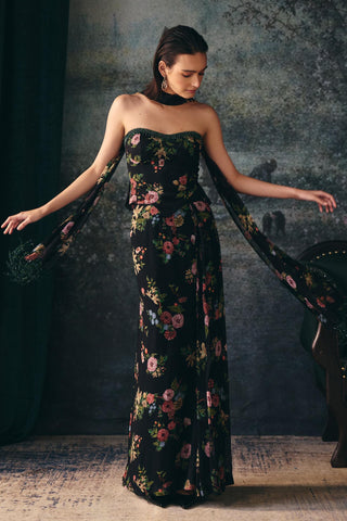Corset Draped Skirt Set Contemporary Wear Black Mirabel Set by Mani Bhatia