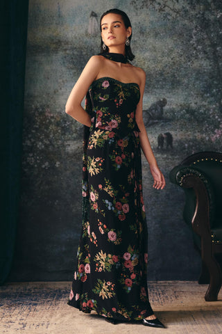 Corset Draped Skirt Set Contemporary Wear Black Mirabel Set by Mani Bhatia