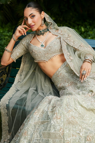 Lehenga Set Indian Wear - Green Tuscan Heritage Landscape Set by Matsya
