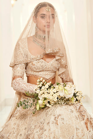 Lehenga Set Seascape Wear - Ivory Velvet Lehenga by Matsya