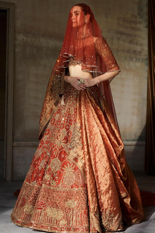 Lehenga Set Royal Wear - Orange Lotus Pond Set by Matsya