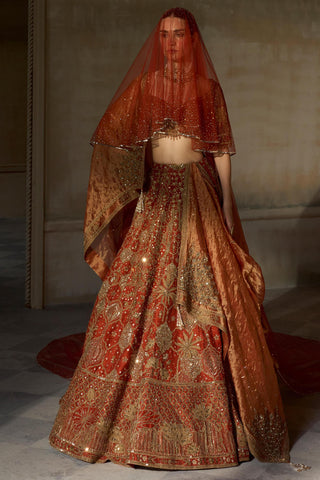 Lehenga Set Royal Wear - Orange Lotus Pond Set by Matsya