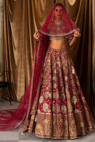 Lehenga Set Royal Wear - Red Lotus Pond Lehenga by Matsya