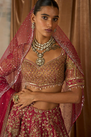 Lehenga Set Royal Wear - Red Lotus Pond Lehenga by Matsya