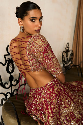 Lehenga Set Royal Wear - Red Lotus Pond Lehenga by Matsya