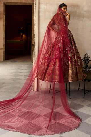 Lehenga Set Royal Wear - Red Lotus Pond Lehenga by Matsya