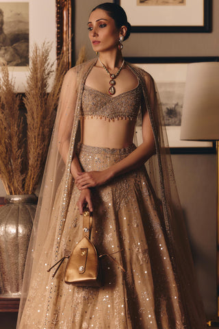 Beige couture aged masai landscape lehenga