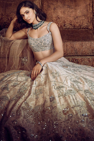 Beige moroccon pink flamingo landscape lost in time lehenga