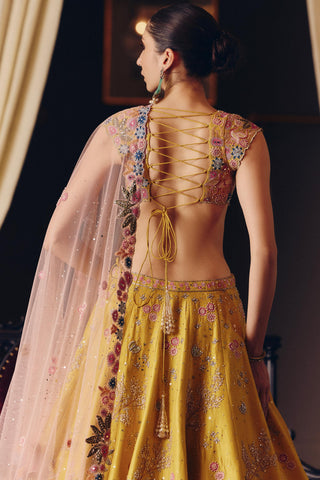 Yellow couture flamingo landscape lehenga