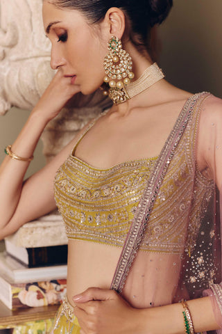 Yellow couture roman bouquet floral lehenga