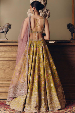 Yellow couture roman bouquet floral lehenga