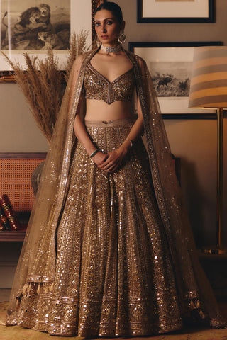 Gold couture sheeshraag toasted lehenga