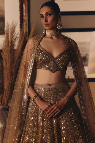 Gold couture sheeshraag toasted lehenga