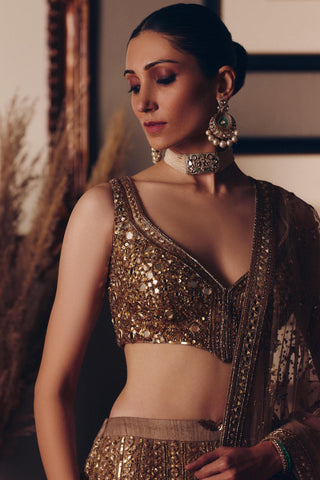 Gold couture sheeshraag toasted lehenga